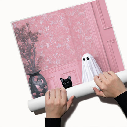 Cute Ghost and Black Cat Wall Art – Pink Halloween Decor with Whimsical Spirit in Floral Room, Spooky Canvas Print for Girly Bedroom or Living Room 12x16in Unframed