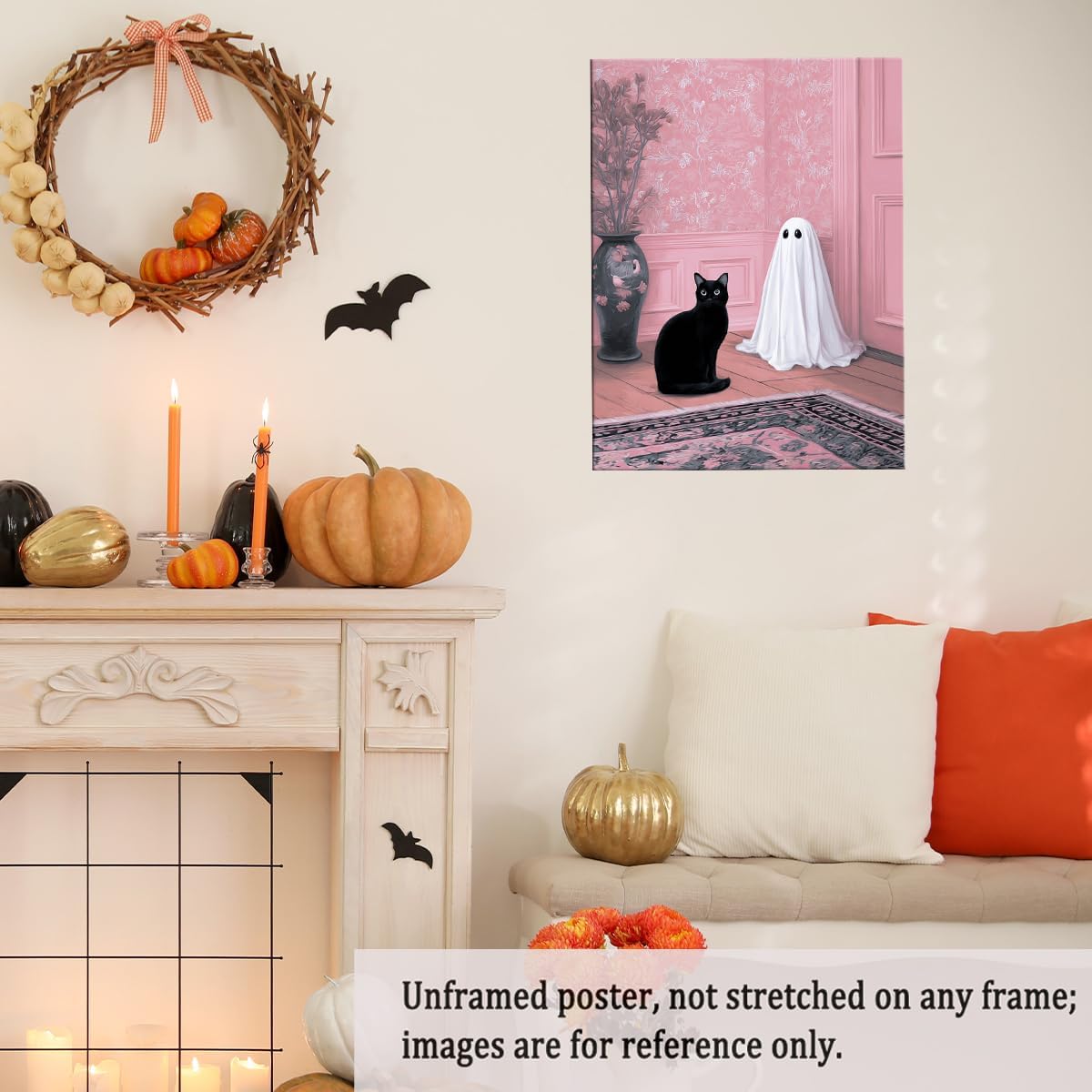 Cute Ghost and Black Cat Wall Art – Pink Halloween Decor with Whimsical Spirit in Floral Room, Spooky Canvas Print for Girly Bedroom or Living Room 12x16in Unframed