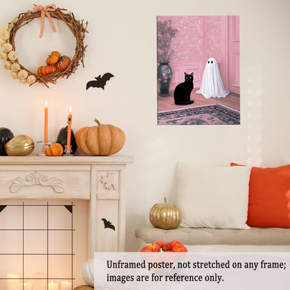 Cute Ghost and Black Cat Wall Art – Pink Halloween Decor with Whimsical Spirit in Floral Room, Spooky Canvas Print for Girly Bedroom or Living Room 12x16in Unframed