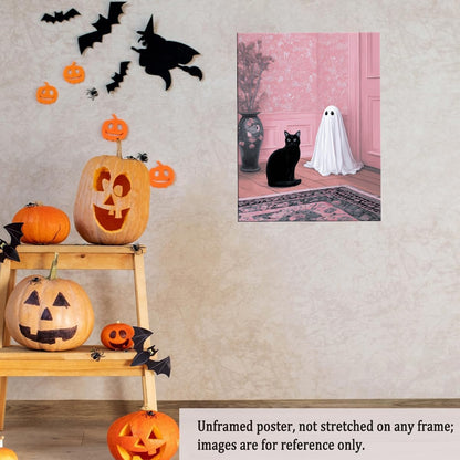 Cute Ghost and Black Cat Wall Art – Pink Halloween Decor with Whimsical Spirit in Floral Room, Spooky Canvas Print for Girly Bedroom or Living Room 12x16in Unframed