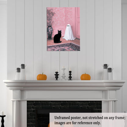 Cute Ghost and Black Cat Wall Art – Pink Halloween Decor with Whimsical Spirit in Floral Room, Spooky Canvas Print for Girly Bedroom or Living Room 12x16in Unframed