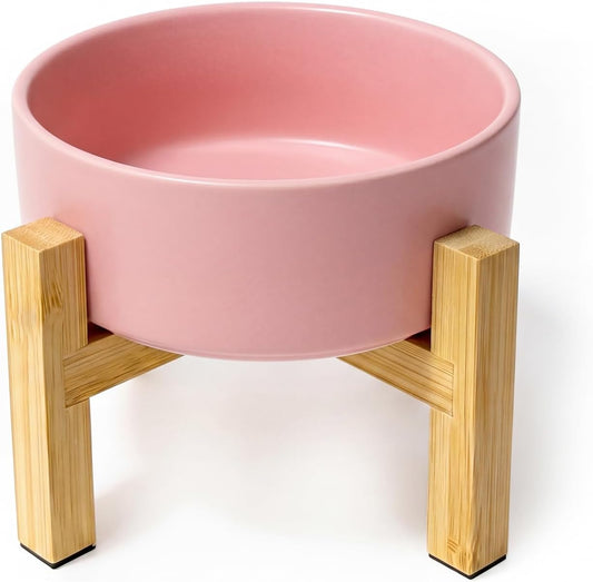 Elevated Ceramic Cat Bowl - Cat Food Bowl with Bamboo Stand - Raised Dog Dish for Puppies - Anti Vomiting, Stress Free - 13.5 oz / 400 ml - Pink