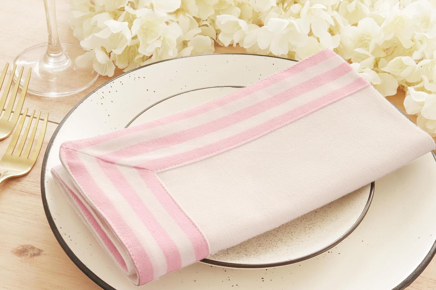 Blush Pink and White Cloth Napkins - 18x18 Inch Set of 6-100% Cotton Elegant Hemstitch Dinner Napkins with 1.5" Stripe Edges, Durable, Washable - Spring Easter Summer Table Décor