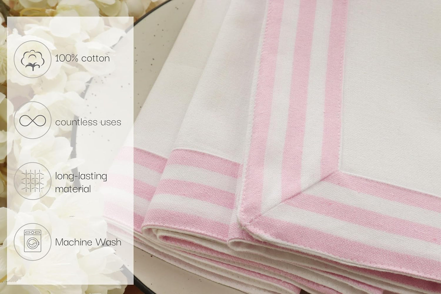 Blush Pink and White Cloth Napkins - 18x18 Inch Set of 6-100% Cotton Elegant Hemstitch Dinner Napkins with 1.5" Stripe Edges, Durable, Washable - Spring Easter Summer Table Décor