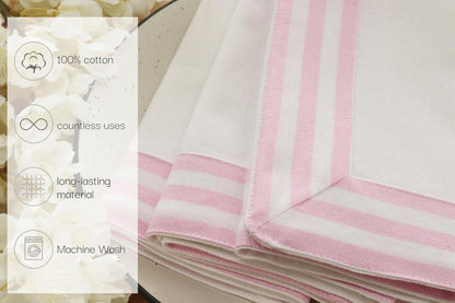 Blush Pink and White Cloth Napkins - 18x18 Inch Set of 6-100% Cotton Elegant Hemstitch Dinner Napkins with 1.5" Stripe Edges, Durable, Washable - Spring Easter Summer Table Décor