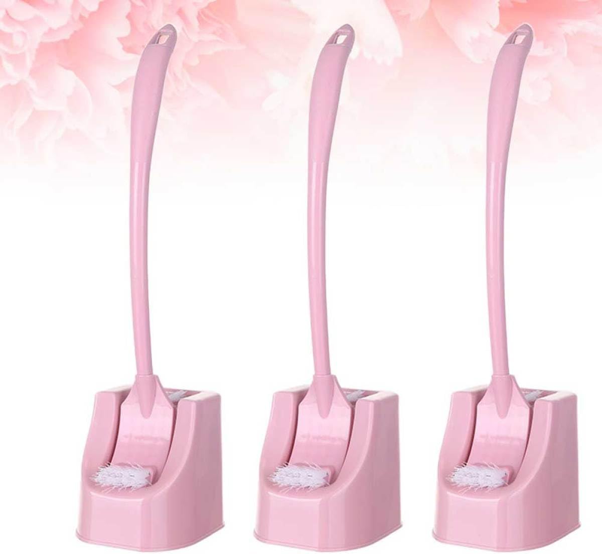 3pcs Toilet Brush Set with Holder, Long Handle Corner Cleaning Brushes for Bathroom, Pink Household Toilet Bowl Scrubber with Base for Deep Dead Angle Cleaning