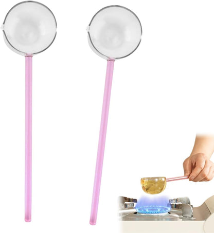2 Pcs 9.65” Heat Glass Ladle, High Temperature Borosilicate Glass Mixing Utensil Ladle with Pourable Mouth Can Be Heated Directly with Open Flame for Home Kitchen Banquet Restaurant Soup Spoon, Pink