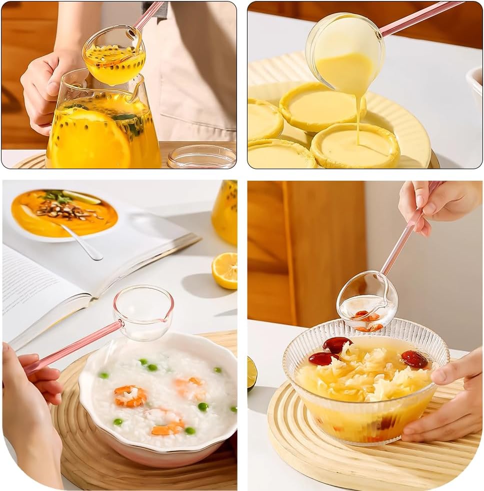 2 Pcs 9.65” Heat Glass Ladle, High Temperature Borosilicate Glass Mixing Utensil Ladle with Pourable Mouth Can Be Heated Directly with Open Flame for Home Kitchen Banquet Restaurant Soup Spoon, Pink