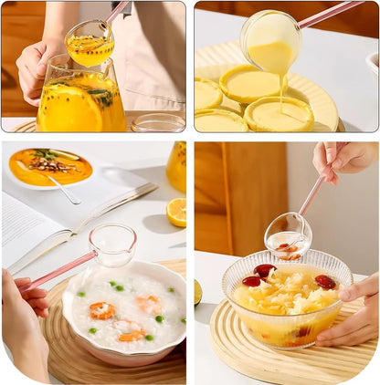 2 Pcs 9.65” Heat Glass Ladle, High Temperature Borosilicate Glass Mixing Utensil Ladle with Pourable Mouth Can Be Heated Directly with Open Flame for Home Kitchen Banquet Restaurant Soup Spoon, Pink
