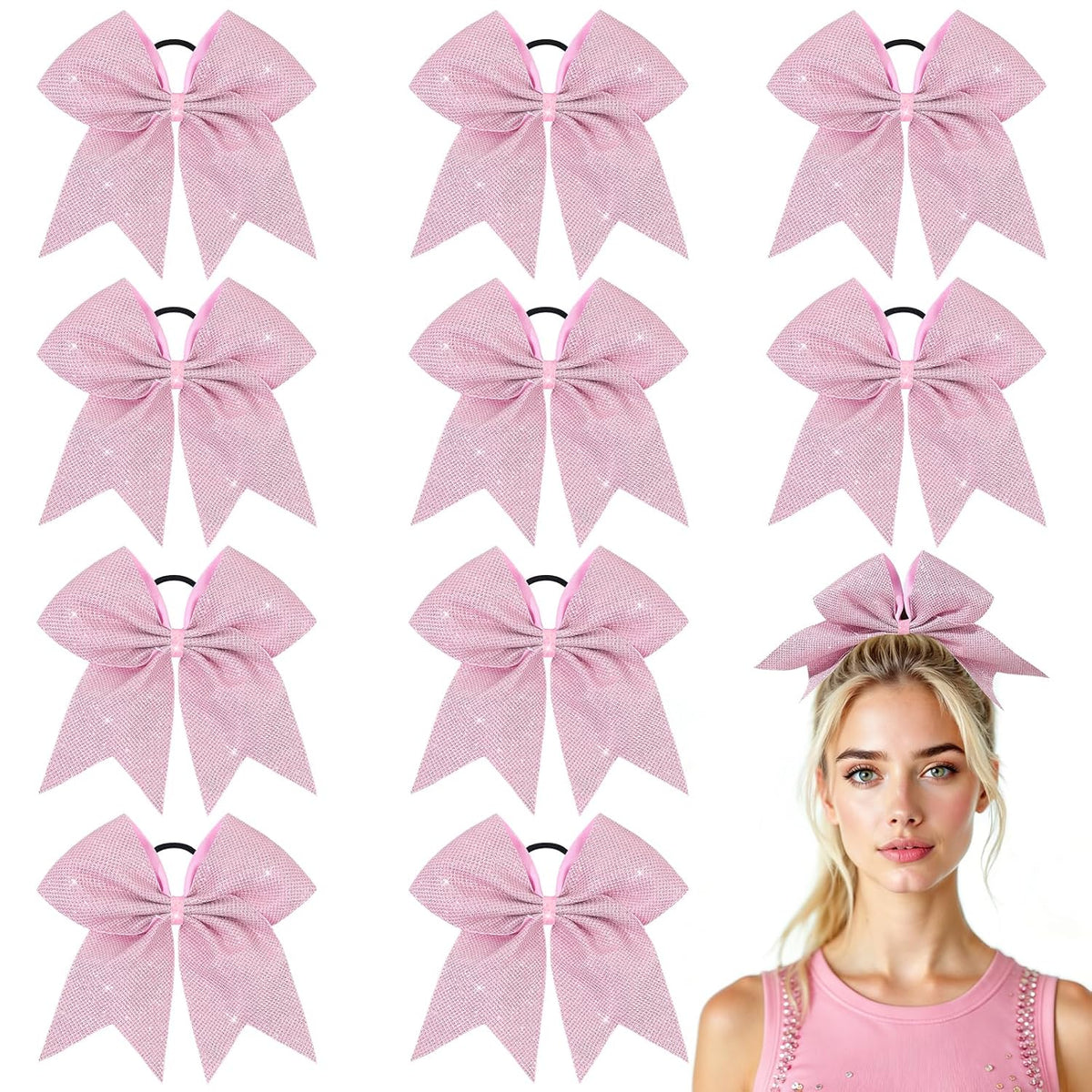 10PCS Large Pink Glitter Cheer Bows for Cheerleader Sparkly Jumbo Cheer