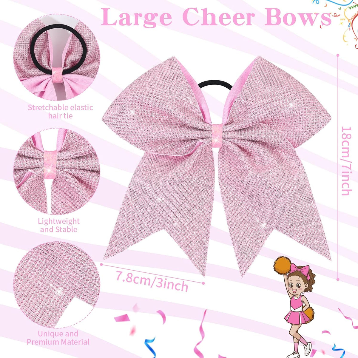 10PCS Large Pink Glitter Cheer Bows for Cheerleader Sparkly Jumbo Cheer