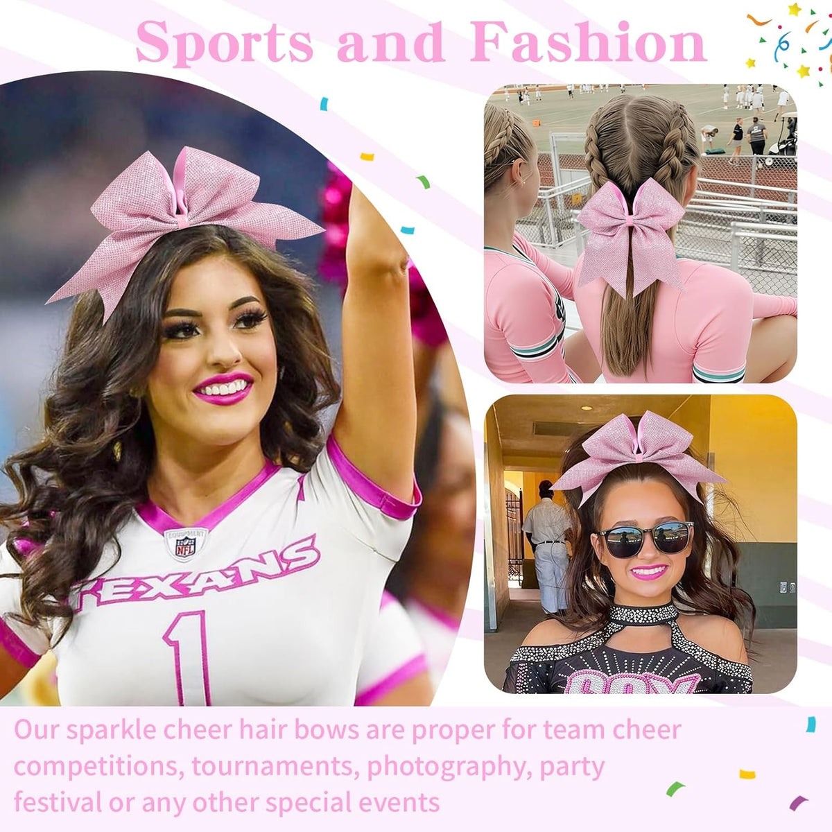 10PCS Large Pink Glitter Cheer Bows for Cheerleader Sparkly Jumbo Cheer