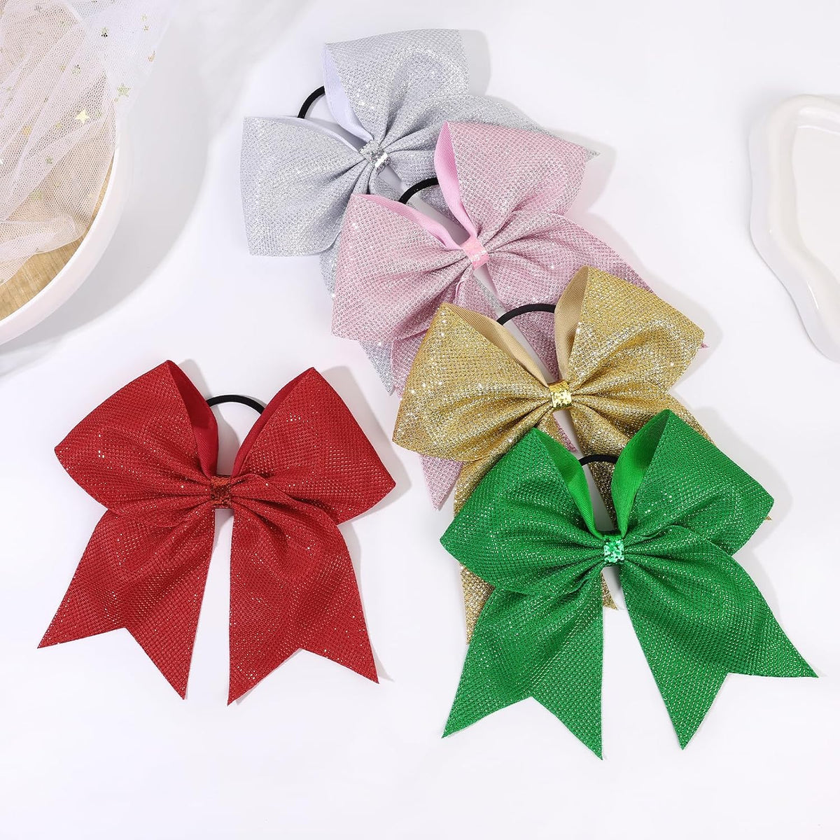 10PCS Large Pink Glitter Cheer Bows for Cheerleader Sparkly Jumbo Cheer