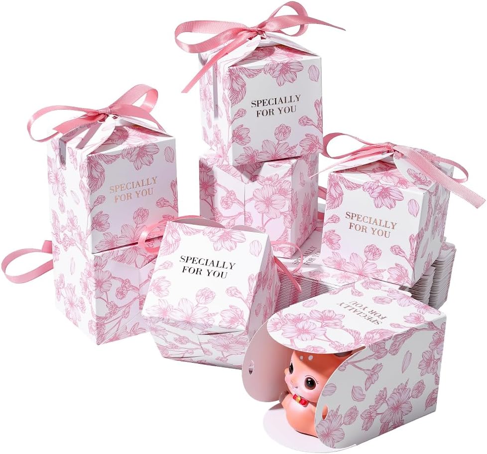 PH PandaHall 50 Pack Mini Pink Gift Boxes, Flower Printed Paper Box 2.76inch Small Square Gift Wrapping Box with Ribbon Candy Boxes for Wedding Favors Birthday Party Holiday Mother's Day
