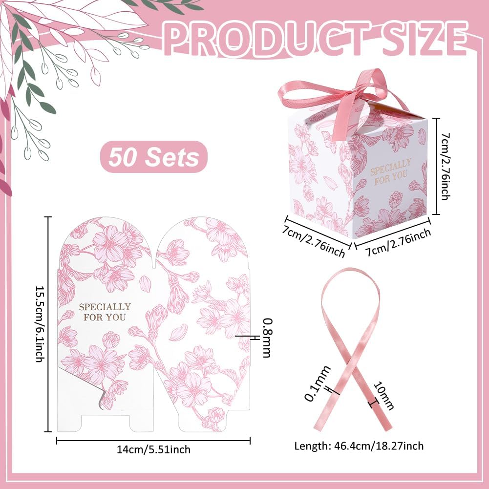 PH PandaHall 50 Pack Mini Pink Gift Boxes, Flower Printed Paper Box 2.76inch Small Square Gift Wrapping Box with Ribbon Candy Boxes for Wedding Favors Birthday Party Holiday Mother's Day