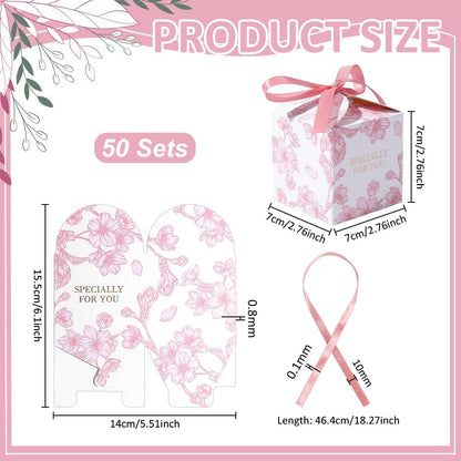 PH PandaHall 50 Pack Mini Pink Gift Boxes, Flower Printed Paper Box 2.76inch Small Square Gift Wrapping Box with Ribbon Candy Boxes for Wedding Favors Birthday Party Holiday Mother's Day