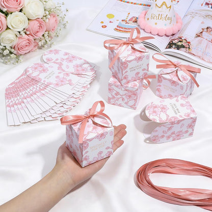 PH PandaHall 50 Pack Mini Pink Gift Boxes, Flower Printed Paper Box 2.76inch Small Square Gift Wrapping Box with Ribbon Candy Boxes for Wedding Favors Birthday Party Holiday Mother's Day