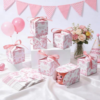 PH PandaHall 50 Pack Mini Pink Gift Boxes, Flower Printed Paper Box 2.76inch Small Square Gift Wrapping Box with Ribbon Candy Boxes for Wedding Favors Birthday Party Holiday Mother's Day