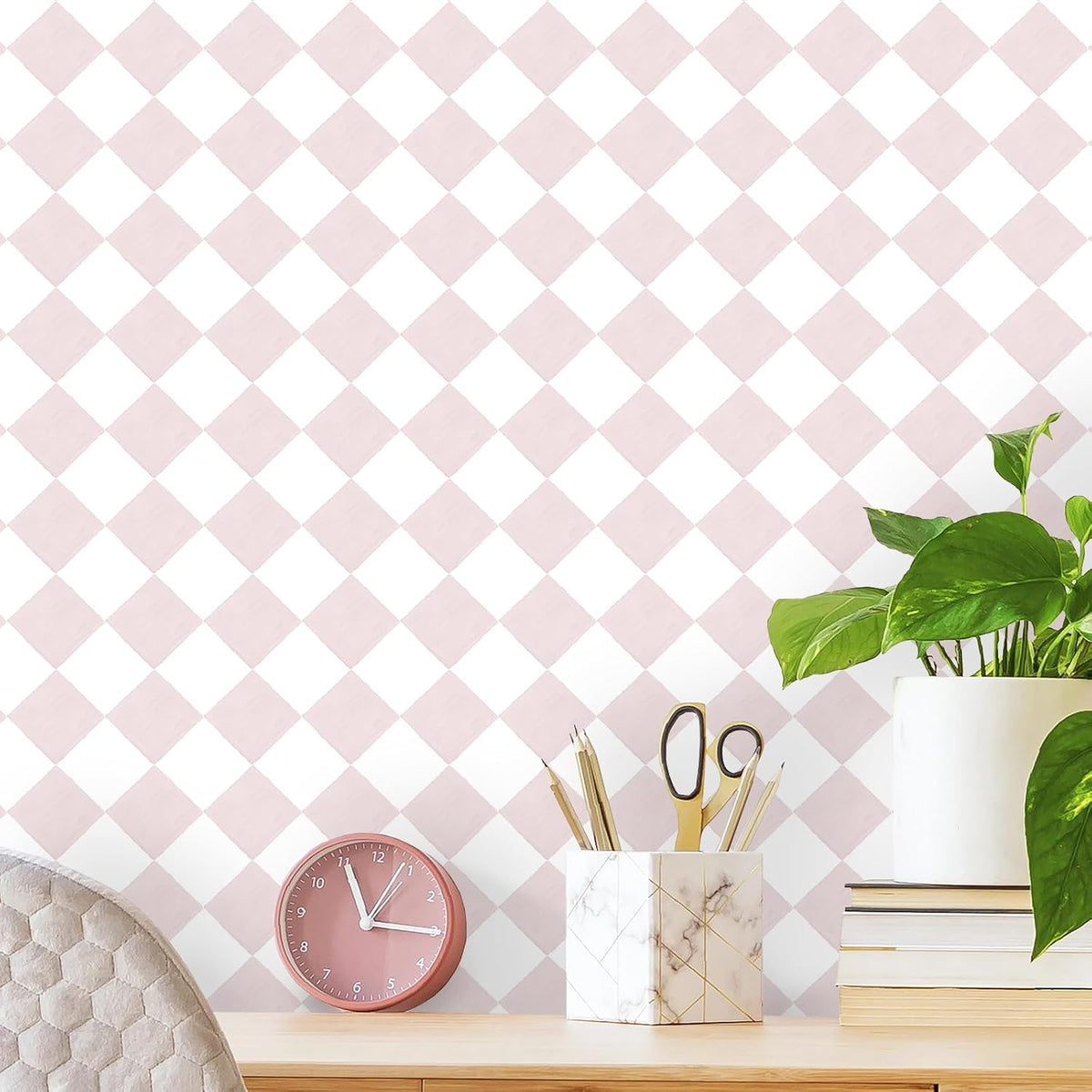 Pink Wallpaper Geometric Checkered Peel and Stick Wallpaper Self Adhesive Removable Contact Paper Pink Check Wall Paper for Bedroom Nursery Room Cabinet 78.7"x 17.3"
