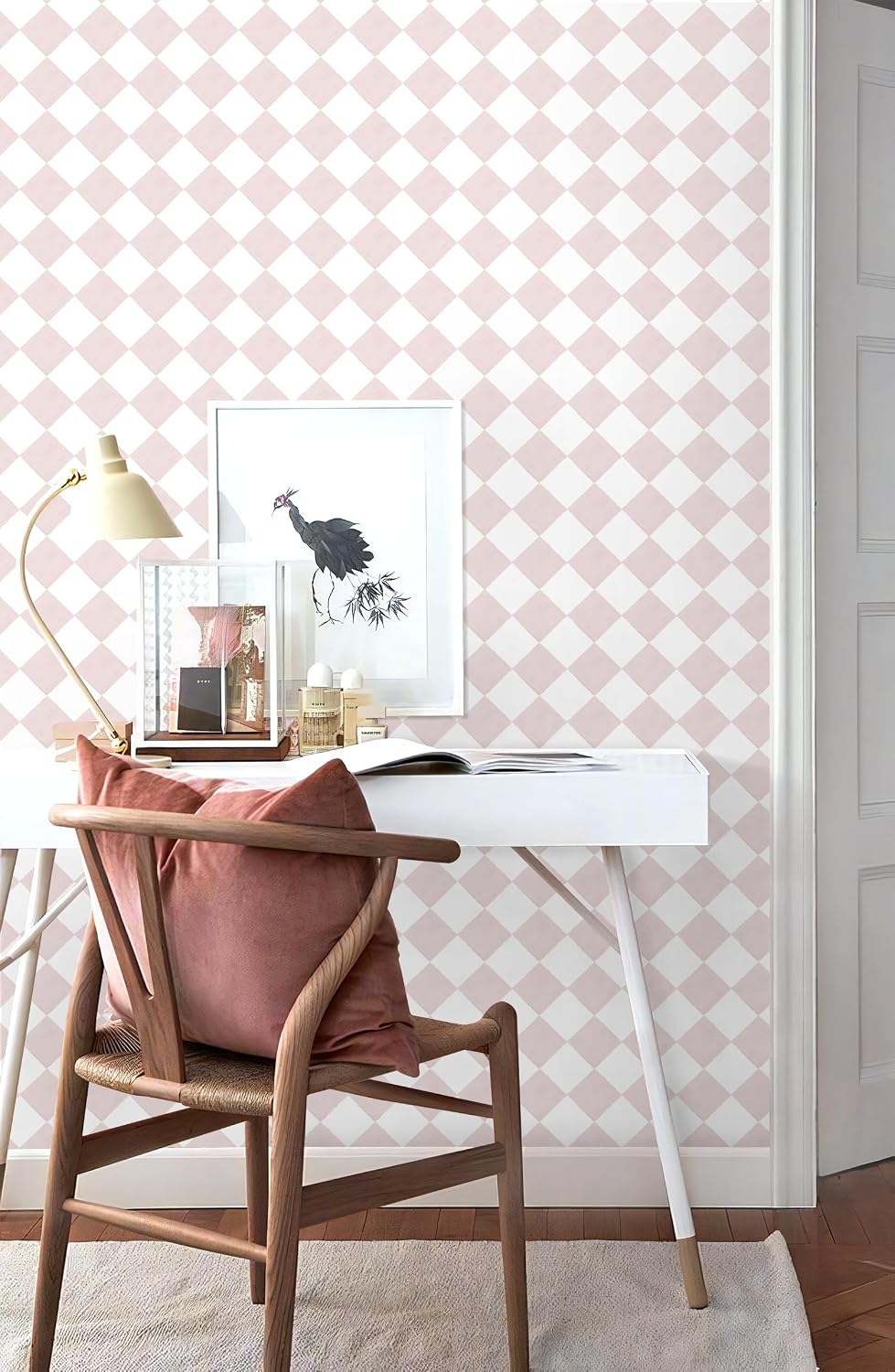 Pink Wallpaper Geometric Checkered Peel and Stick Wallpaper Self Adhesive Removable Contact Paper Pink Check Wall Paper for Bedroom Nursery Room Cabinet 78.7"x 17.3"