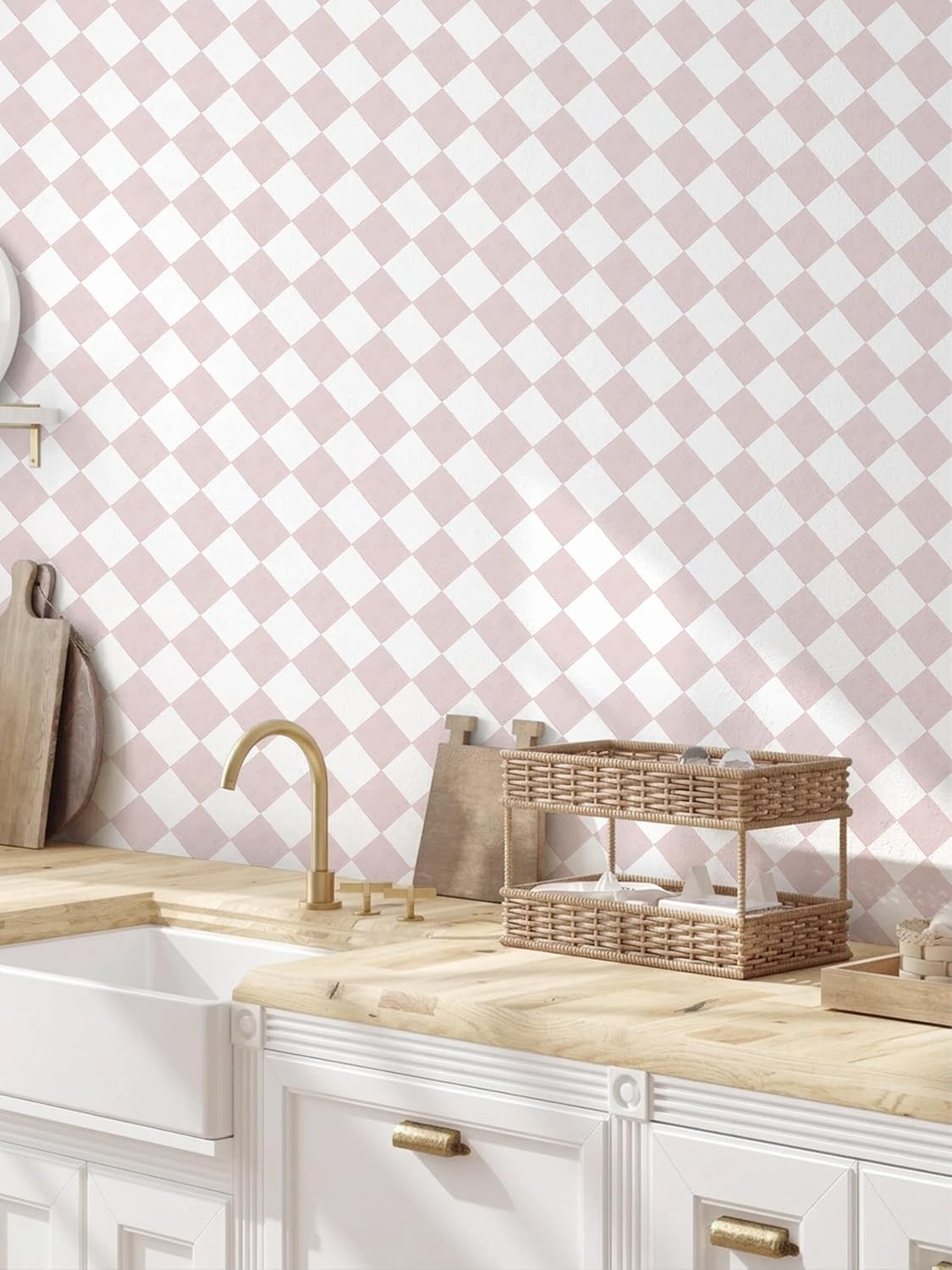 Pink Wallpaper Geometric Checkered Peel and Stick Wallpaper Self Adhesive Removable Contact Paper Pink Check Wall Paper for Bedroom Nursery Room Cabinet 78.7"x 17.3"