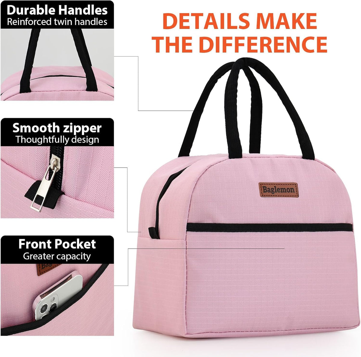 Insulated Lunch Bag for Women Men, Lunch Containers Reusable High Capacity Lunch Tote Bags for Work Picnic (Pink)