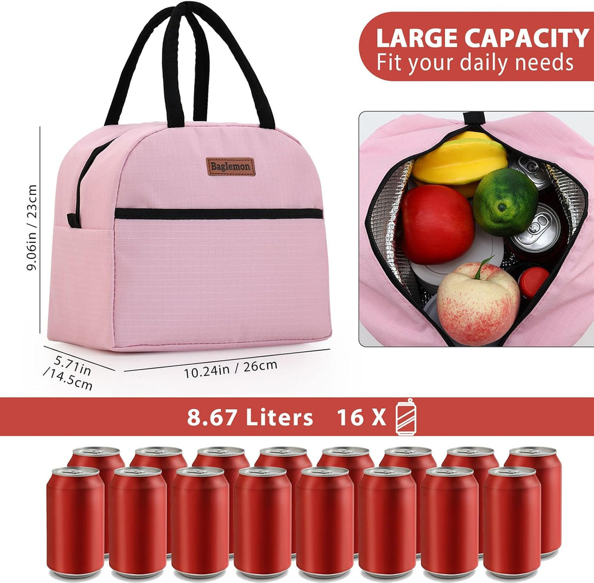 Insulated Lunch Bag for Women Men, Lunch Containers Reusable High Capacity Lunch Tote Bags for Work Picnic (Pink)