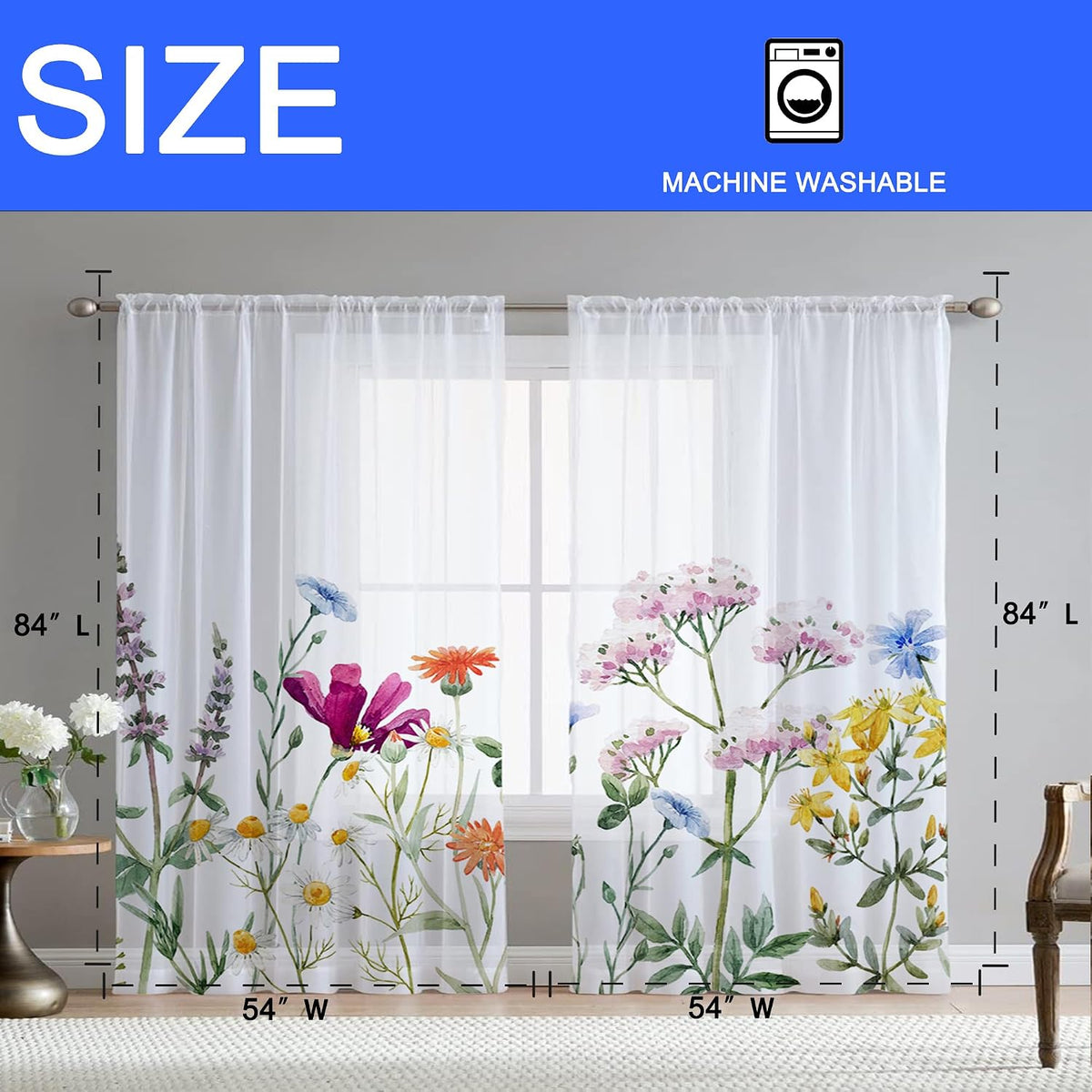 Floral Sheer Curtains for Living Room 84 inch Length 2 Panels Set Elegant Pink Purple Flower Printed Window Curtain Chiffon Drapes for Bedroom