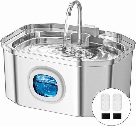 Cat Water Fountain, Apauk 108oz/3.2L Silent cat Water Fountain Stainless Steel, Cat Fountain, Automatic Dog Water Fountain,Controllable Blue Light - (2 Filters& 2 Sponges)