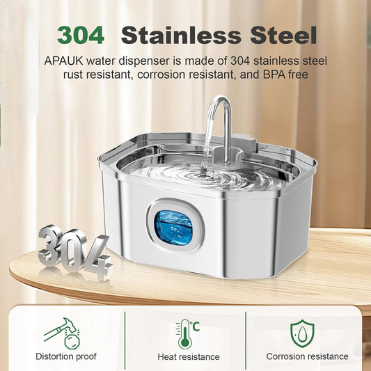 Cat Water Fountain, Apauk 108oz/3.2L Silent cat Water Fountain Stainless Steel, Cat Fountain, Automatic Dog Water Fountain,Controllable Blue Light - (2 Filters& 2 Sponges)