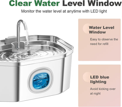 Cat Water Fountain, Apauk 108oz/3.2L Silent cat Water Fountain Stainless Steel, Cat Fountain, Automatic Dog Water Fountain,Controllable Blue Light - (2 Filters& 2 Sponges)