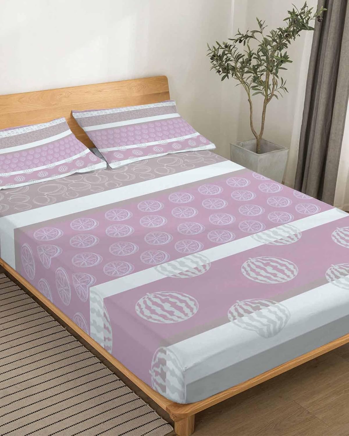 4 Piece Full Sheet Set Farm Fruits Sheets Set for Full Size Bed, Breathable Soft Microfiber Bed Sheets Cooling Watermelon Lemons Peach Pink Grey Striped Fitted Sheet Deep Pocket, Pillowcases