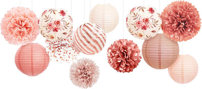 Wedding Party Decorations, 12 PCS Rose Pink Floral Paper Lanterns Tissue Pom Poms Backdrop Decoration for Pink Boho Wedding Bridal Shower Birthday Tea Party Decor