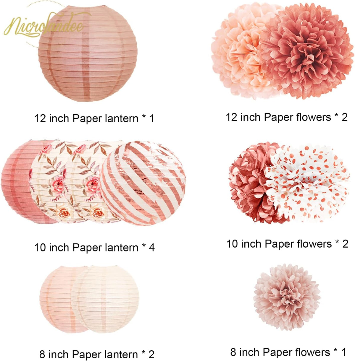 Wedding Party Decorations, 12 PCS Rose Pink Floral Paper Lanterns Tissue Pom Poms Backdrop Decoration for Pink Boho Wedding Bridal Shower Birthday Tea Party Decor