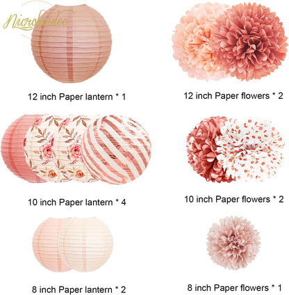 Wedding Party Decorations, 12 PCS Rose Pink Floral Paper Lanterns Tissue Pom Poms Backdrop Decoration for Pink Boho Wedding Bridal Shower Birthday Tea Party Decor