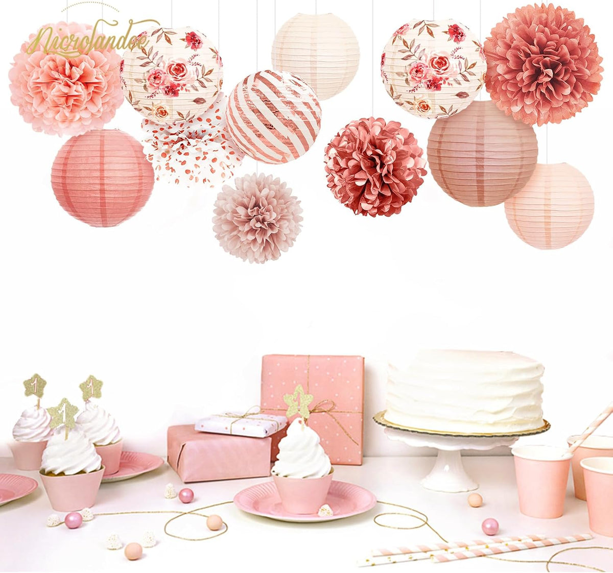 Wedding Party Decorations, 12 PCS Rose Pink Floral Paper Lanterns Tissue Pom Poms Backdrop Decoration for Pink Boho Wedding Bridal Shower Birthday Tea Party Decor