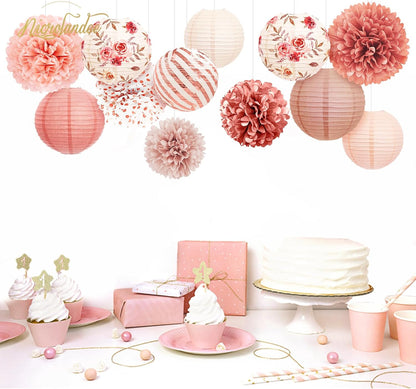 Wedding Party Decorations, 12 PCS Rose Pink Floral Paper Lanterns Tissue Pom Poms Backdrop Decoration for Pink Boho Wedding Bridal Shower Birthday Tea Party Decor