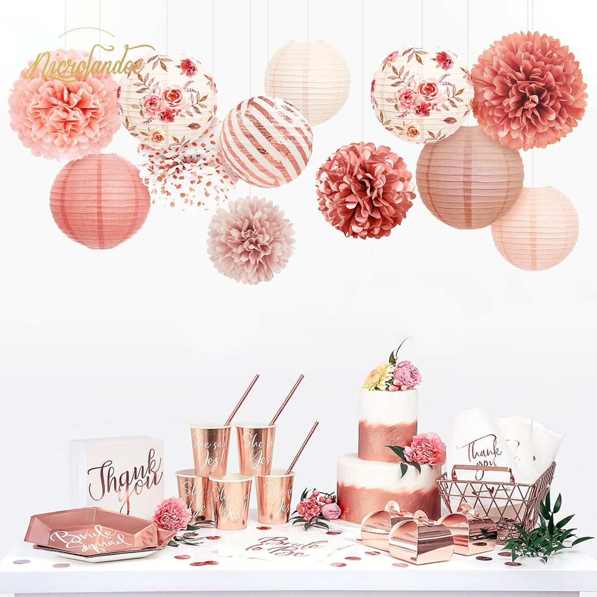 Wedding Party Decorations, 12 PCS Rose Pink Floral Paper Lanterns Tissue Pom Poms Backdrop Decoration for Pink Boho Wedding Bridal Shower Birthday Tea Party Decor