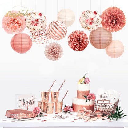 Wedding Party Decorations, 12 PCS Rose Pink Floral Paper Lanterns Tissue Pom Poms Backdrop Decoration for Pink Boho Wedding Bridal Shower Birthday Tea Party Decor