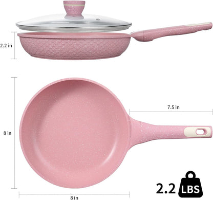 8 Inch Non Stick Frying Pans with Lid - Healthy Nonstick Skillets Pink