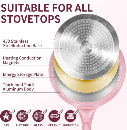 8 Inch Non Stick Frying Pans with Lid - Healthy Nonstick Skillets Pink