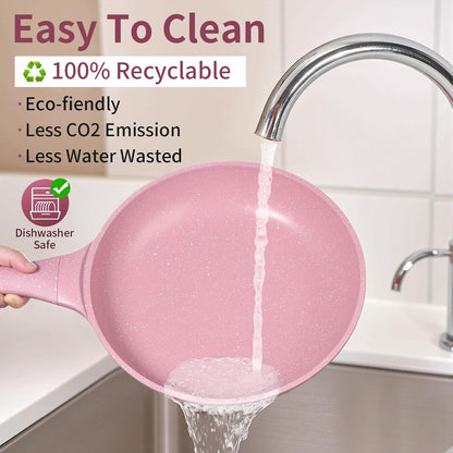 8 Inch Non Stick Frying Pans with Lid - Healthy Nonstick Skillets Pink