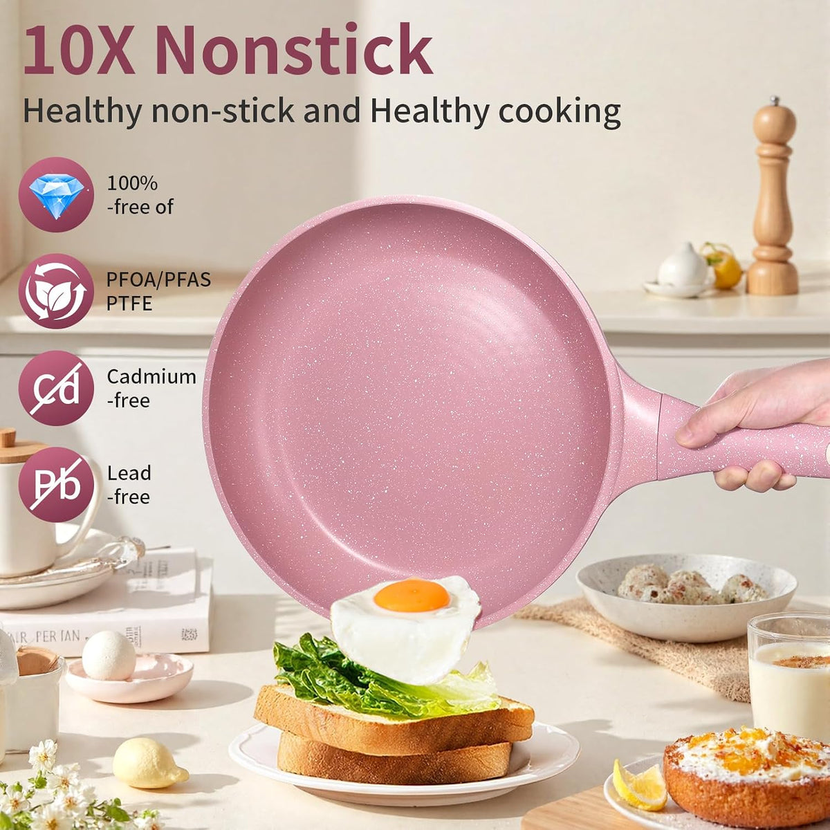 8 Inch Non Stick Frying Pans with Lid - Healthy Nonstick Skillets Pink