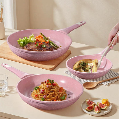 8 Inch Non Stick Frying Pans with Lid - Healthy Nonstick Skillets Pink