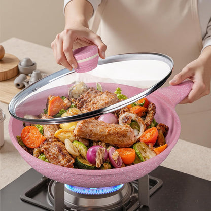 8 Inch Non Stick Frying Pans with Lid - Healthy Nonstick Skillets Pink