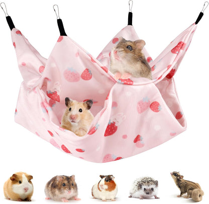 Ferret Rat Summer Hammock Double-Layer Guinea Pig Cooling Bed Sugar Glider Hamster Hanging Hammock Accessories for Small Animals Chinchilla Parrot Squirrel (Pink, Large)