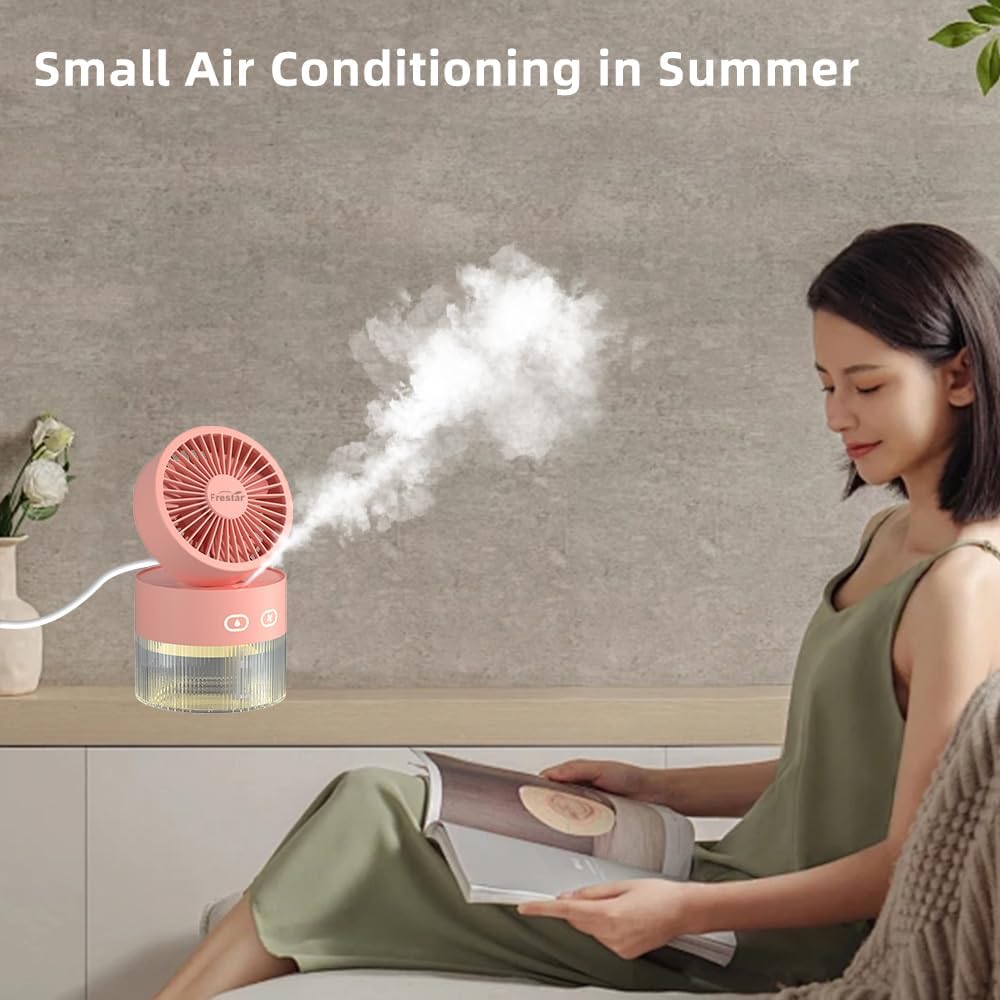 Personal Cooling Fan and Small Air Humidifier 350ml with LED Night Light, Desktop USB Charging 3 in 1 for Office and Small Room, 3 Speed, Auto Shut Off, No Battery (Pink)