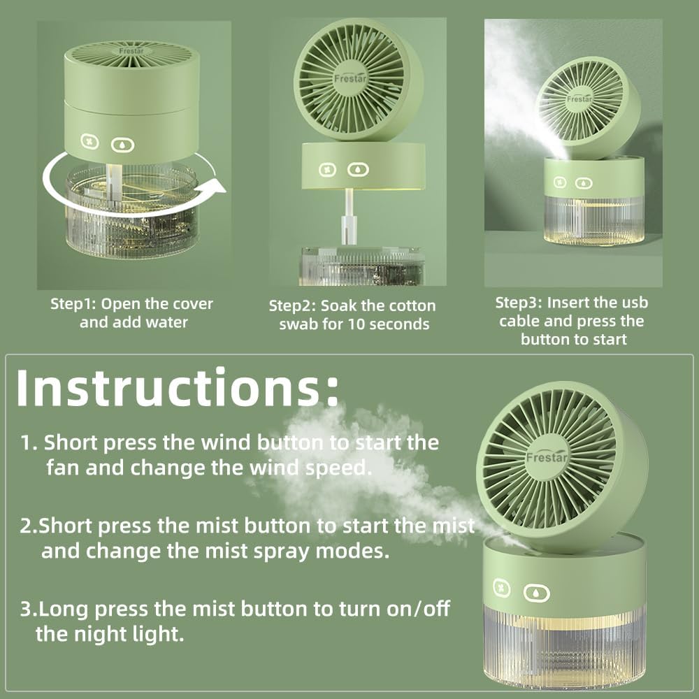 Personal Cooling Fan and Small Air Humidifier 350ml with LED Night Light, Desktop USB Charging 3 in 1 for Office and Small Room, 3 Speed, Auto Shut Off, No Battery (Pink)