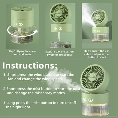 Personal Cooling Fan and Small Air Humidifier 350ml with LED Night Light, Desktop USB Charging 3 in 1 for Office and Small Room, 3 Speed, Auto Shut Off, No Battery (Pink)
