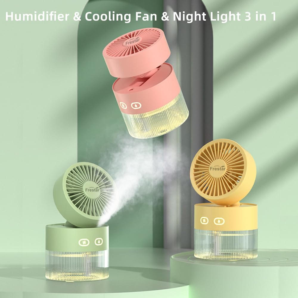Personal Cooling Fan and Small Air Humidifier 350ml with LED Night Light, Desktop USB Charging 3 in 1 for Office and Small Room, 3 Speed, Auto Shut Off, No Battery (Pink)
